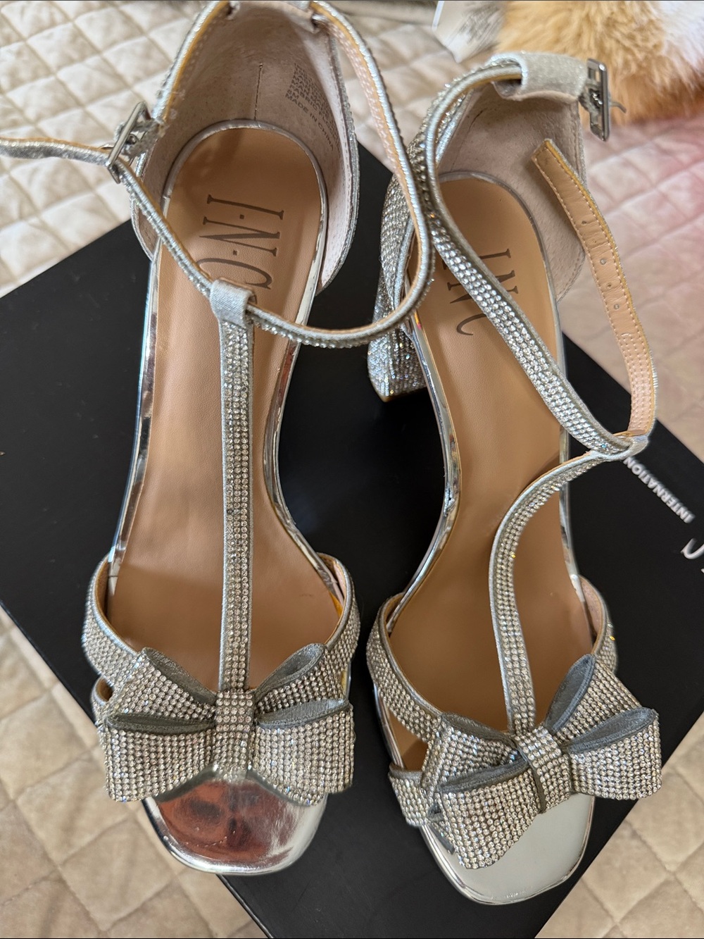 INC International Concepts Silver T-Strap Bow Heels with Crystals